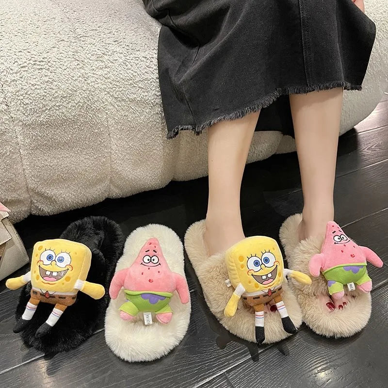 SpongeBob SquarePants Big Star Hairy Slippers for Women Wearing Autumn and Winter Cute Cartoon Plush Large 42 Cotton Slippers