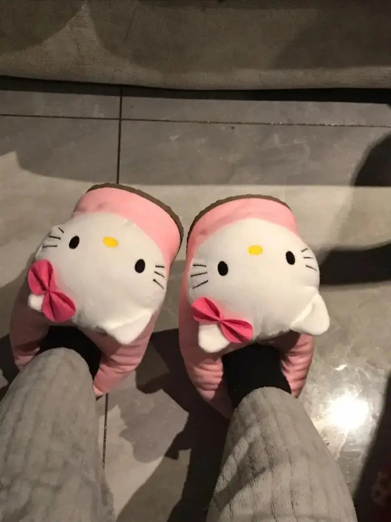 Sanrioed Y2K Hello Kitty Big Head Plush Slippers Winter Cartoon Cotton Shoes Plush Shoes Student Dormitory Bag Feet Cotton Shoes