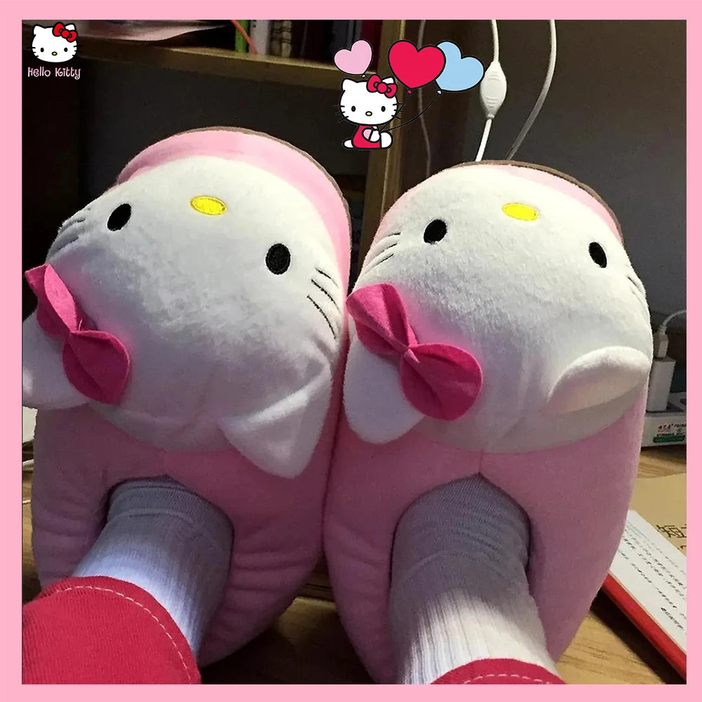 Sanrioed Y2K Hello Kitty Big Head Plush Slippers Winter Cartoon Cotton Shoes Plush Shoes Student Dormitory Bag Feet Cotton Shoes