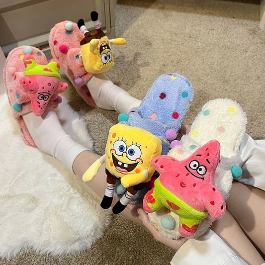 Winter Dopamine SpongeBob SquarePants Ruby Cotton Slippers Student Dormitory Hairy Slippers Non slip Home Female