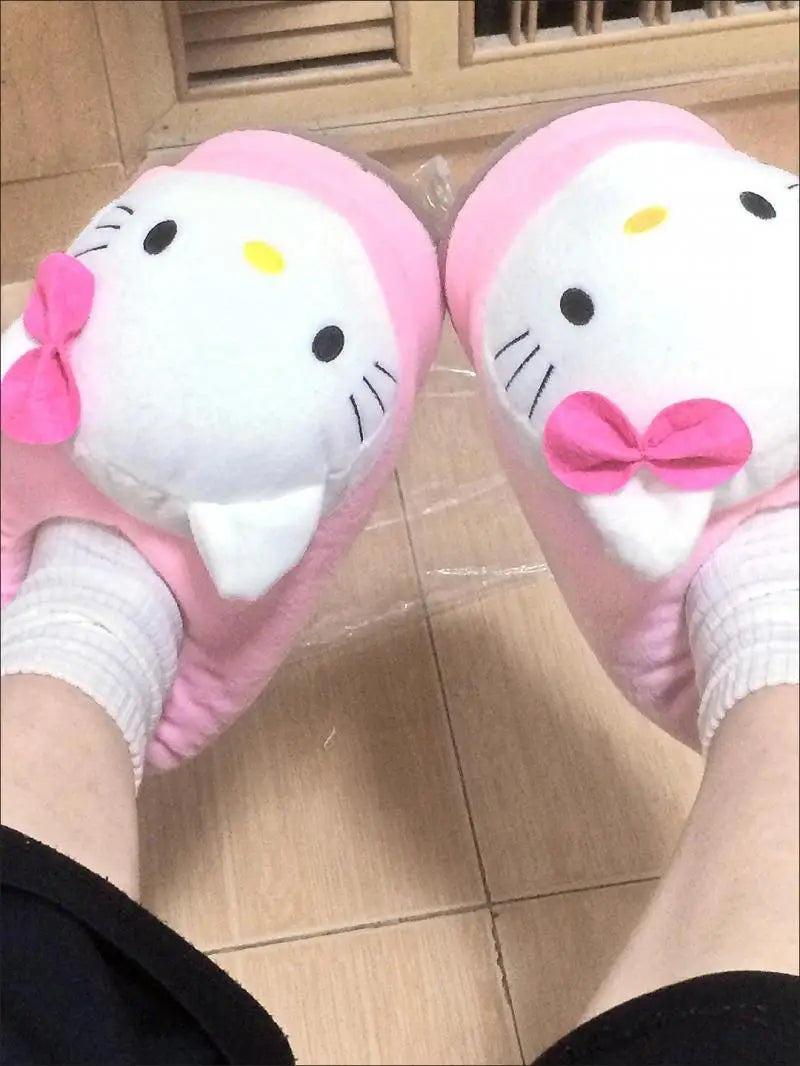 Sanrioed Y2K Hello Kitty Big Head Plush Slippers Winter Cartoon Cotton Shoes Plush Shoes Student Dormitory Bag Feet Cotton Shoes