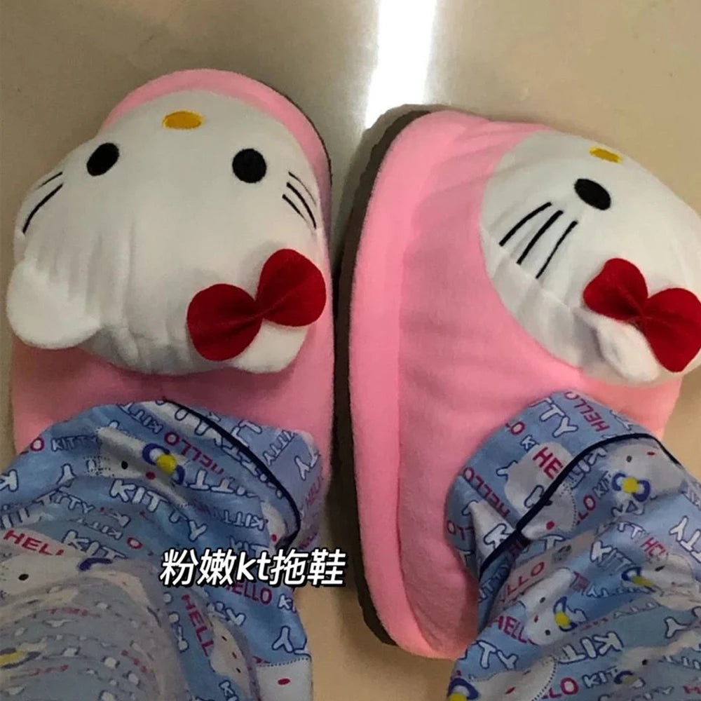 Sanrioed Y2K Hello Kitty Big Head Plush Slippers Winter Cartoon Cotton Shoes Plush Shoes Student Dormitory Bag Feet Cotton Shoes