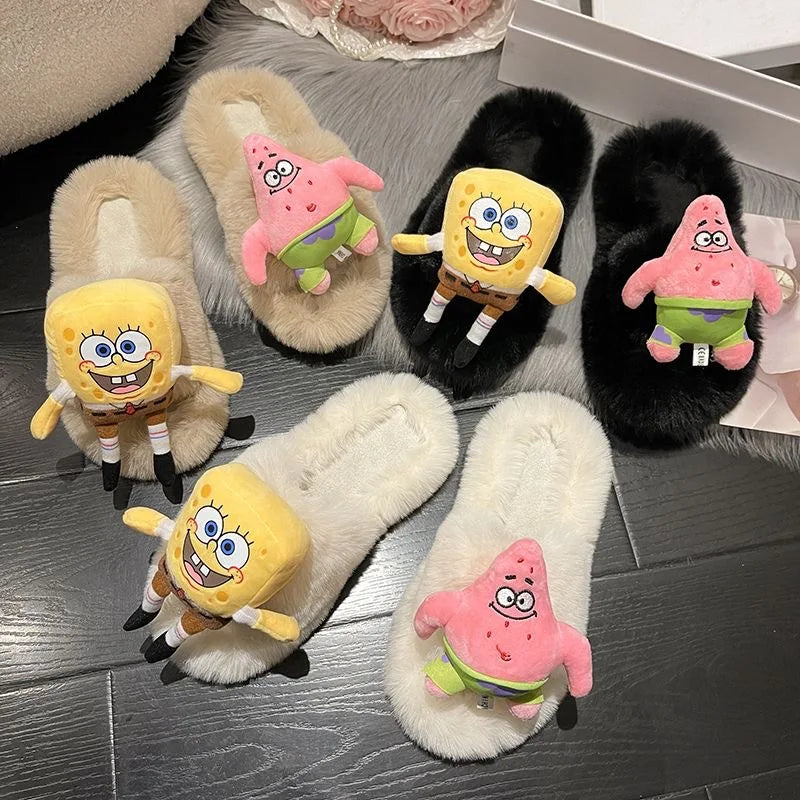 SpongeBob SquarePants Big Star Hairy Slippers for Women Wearing Autumn and Winter Cute Cartoon Plush Large 42 Cotton Slippers