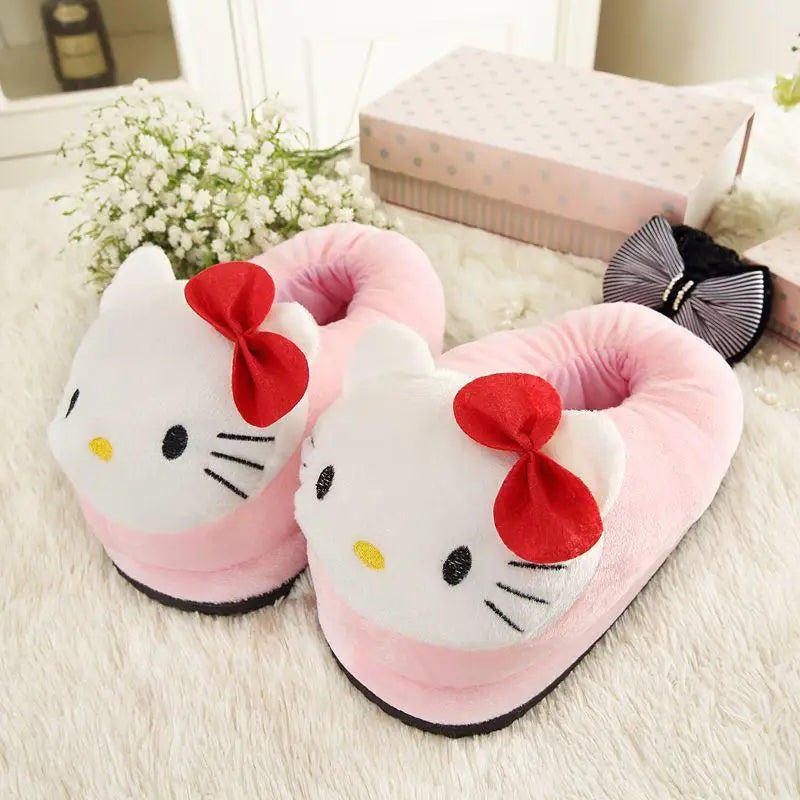 Sanrioed Y2K Hello Kitty Big Head Plush Slippers Winter Cartoon Cotton Shoes Plush Shoes Student Dormitory Bag Feet Cotton Shoes