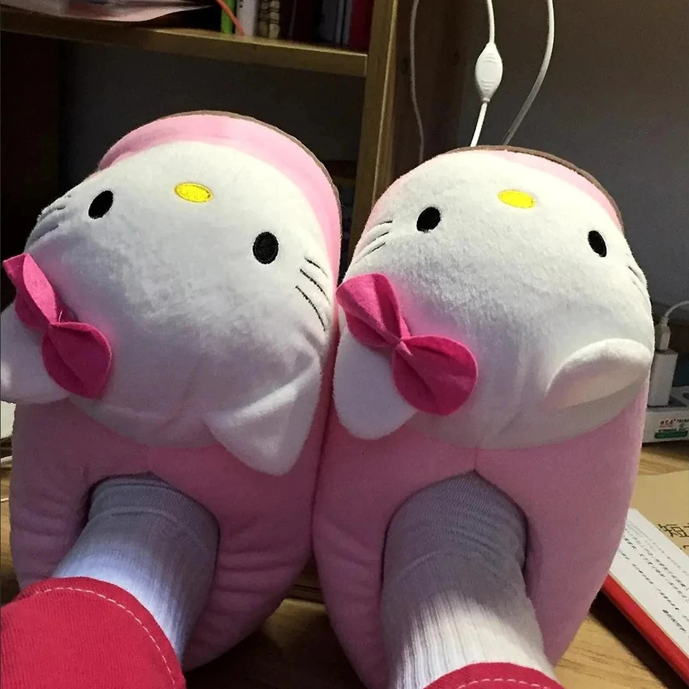 Sanrioed Y2K Hello Kitty Big Head Plush Slippers Winter Cartoon Cotton Shoes Plush Shoes Student Dormitory Bag Feet Cotton Shoes