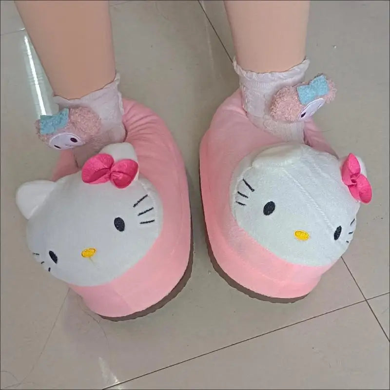 Sanrioed Y2K Hello Kitty Big Head Plush Slippers Winter Cartoon Cotton Shoes Plush Shoes Student Dormitory Bag Feet Cotton Shoes