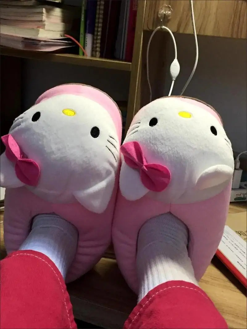 Sanrioed Y2K Hello Kitty Big Head Plush Slippers Winter Cartoon Cotton Shoes Plush Shoes Student Dormitory Bag Feet Cotton Shoes