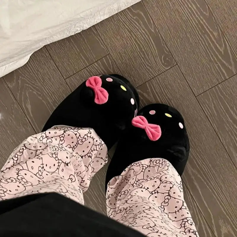 Sanrio Hello Kitty  Women Winter Warm Bag Heel Cotton Slippers Plush Indoor Anti-Skid Slippers Cartoon Shoes Christmas Gift