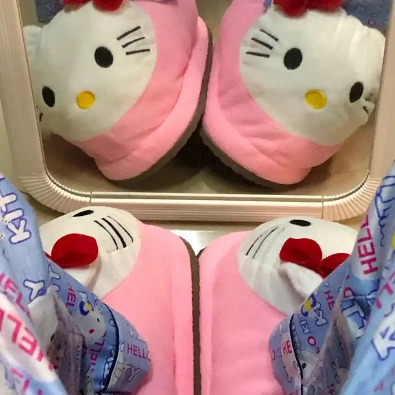 Sanrioed Y2K Hello Kitty Big Head Plush Slippers Winter Cartoon Cotton Shoes Plush Shoes Student Dormitory Bag Feet Cotton Shoes