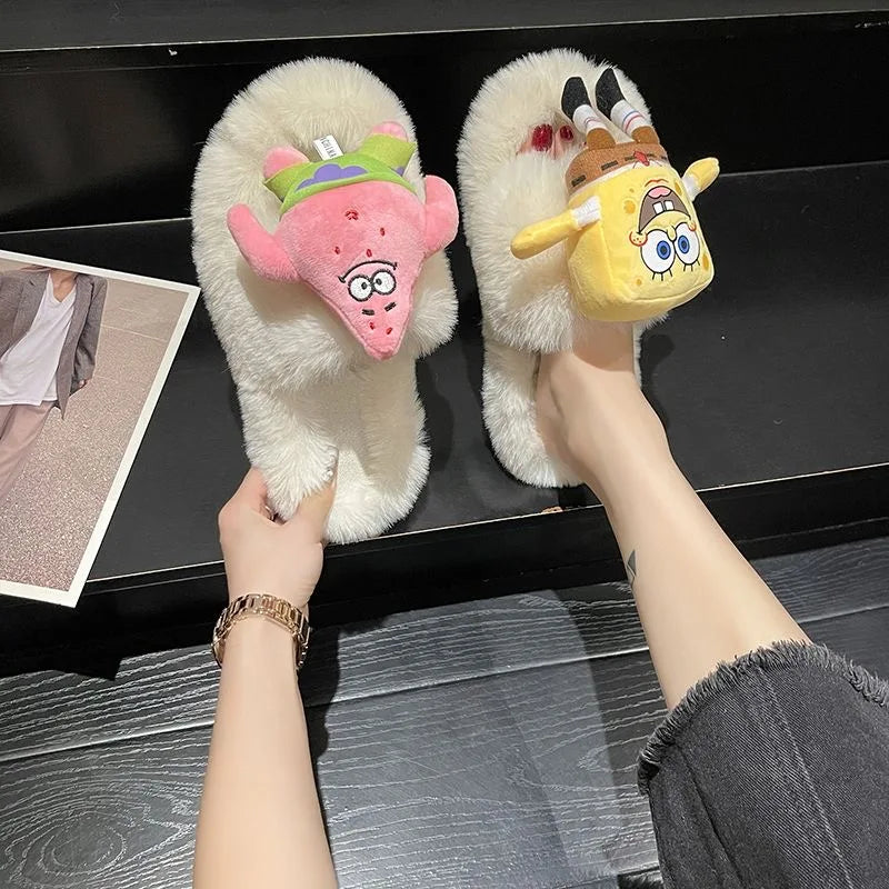 SpongeBob SquarePants Big Star Hairy Slippers for Women Wearing Autumn and Winter Cute Cartoon Plush Large 42 Cotton Slippers