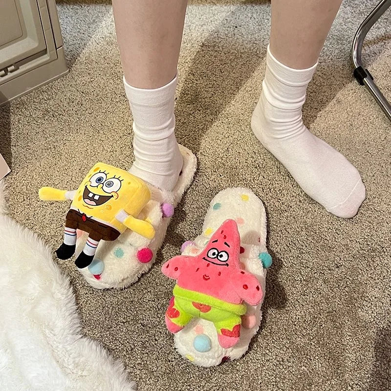 Winter Dopamine SpongeBob SquarePants Ruby Cotton Slippers Student Dormitory Hairy Slippers Non slip Home Female