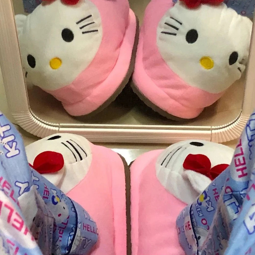 Sanrioed Y2K Hello Kitty Big Head Plush Slippers Winter Cartoon Cotton Shoes Plush Shoes Student Dormitory Bag Feet Cotton Shoes