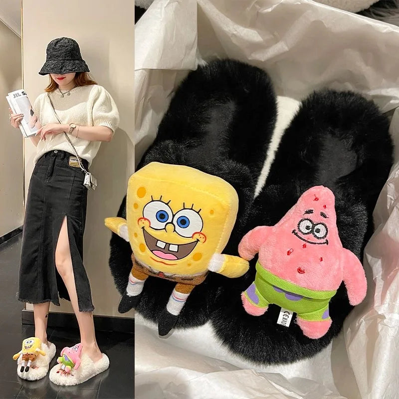 SpongeBob SquarePants Big Star Hairy Slippers for Women Wearing Autumn and Winter Cute Cartoon Plush Large 42 Cotton Slippers