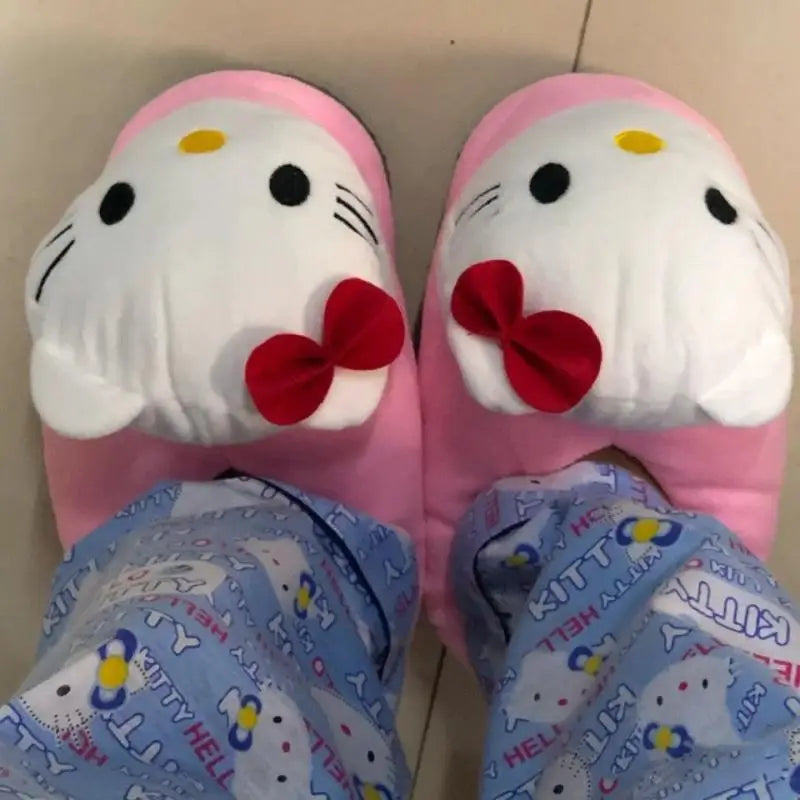 Sanrioed Y2K Hello Kitty Big Head Plush Slippers Winter Cartoon Cotton Shoes Plush Shoes Student Dormitory Bag Feet Cotton Shoes