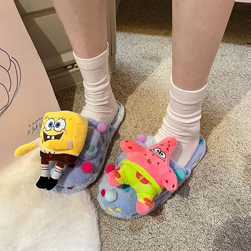 Winter Dopamine SpongeBob SquarePants Ruby Cotton Slippers Student Dormitory Hairy Slippers Non slip Home Female