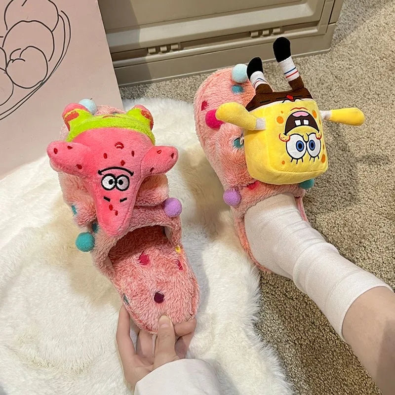 Winter Dopamine SpongeBob SquarePants Ruby Cotton Slippers Student Dormitory Hairy Slippers Non slip Home Female