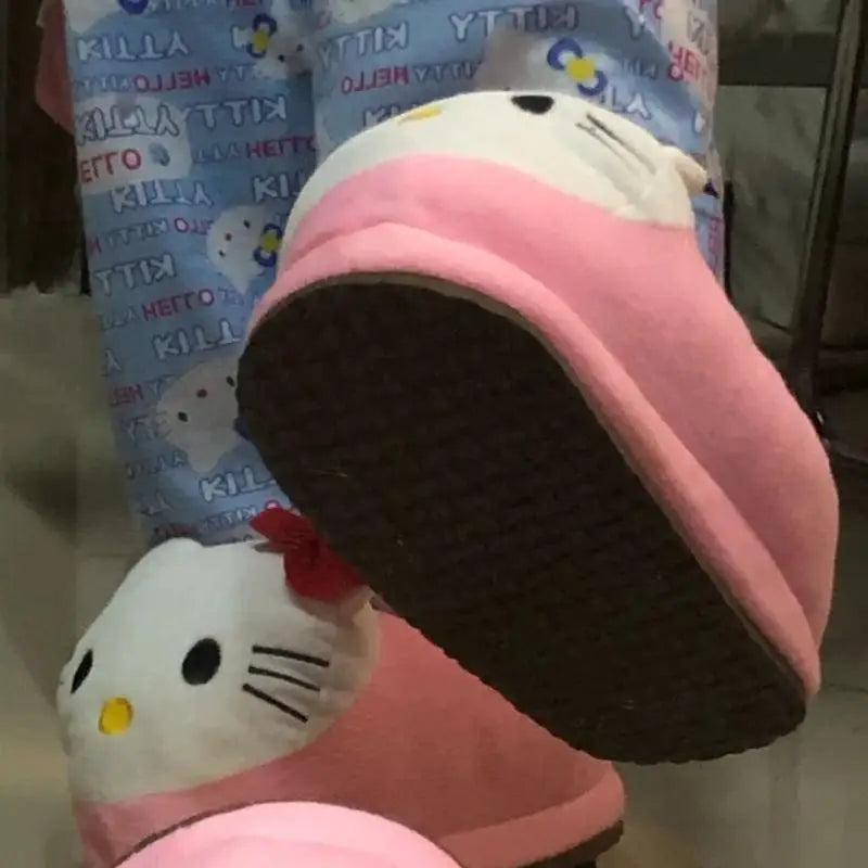 Sanrioed Y2K Hello Kitty Big Head Plush Slippers Winter Cartoon Cotton Shoes Plush Shoes Student Dormitory Bag Feet Cotton Shoes