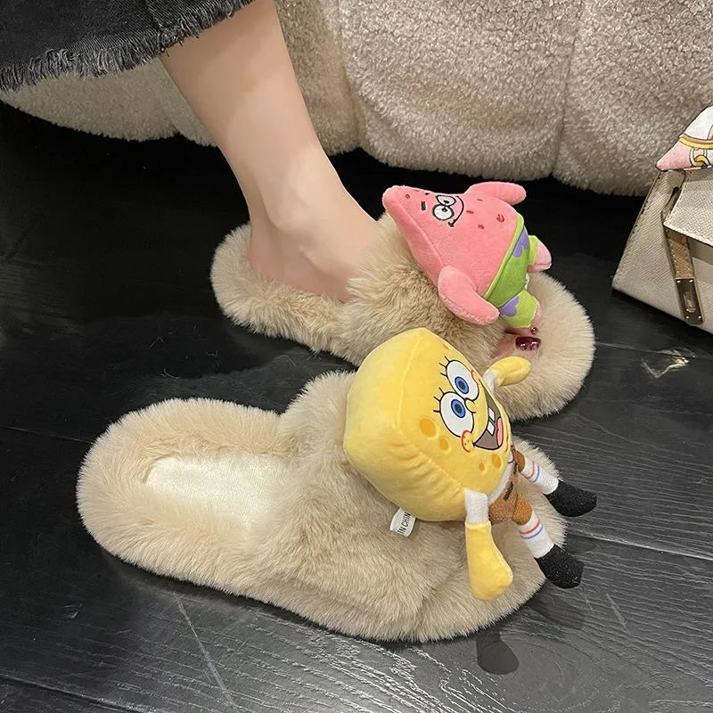 SpongeBob SquarePants Big Star Hairy Slippers for Women Wearing Autumn and Winter Cute Cartoon Plush Large 42 Cotton Slippers