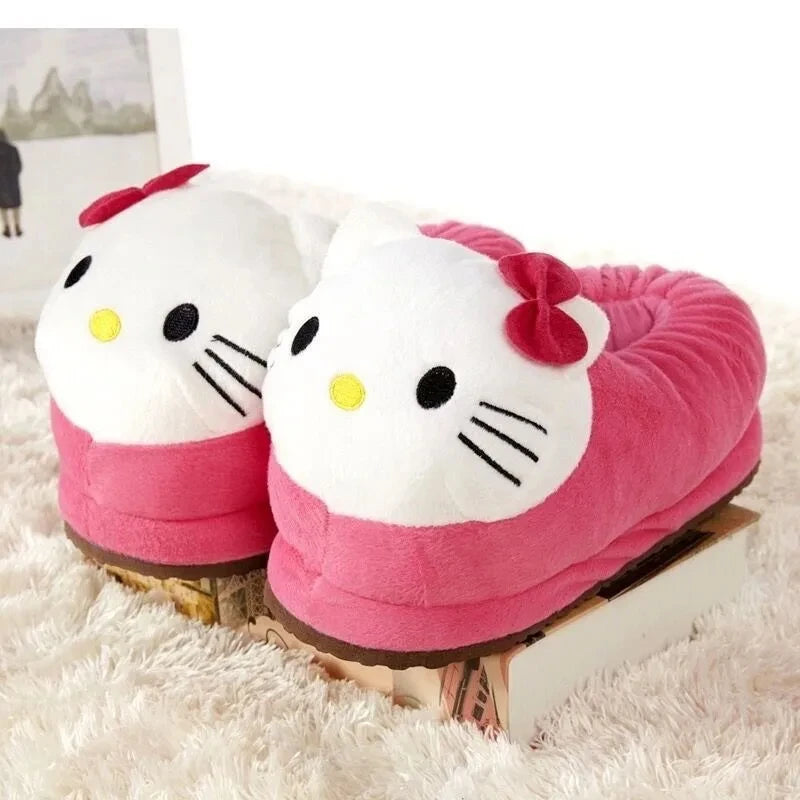 Sanrioed Y2K Hello Kitty Big Head Plush Slippers Winter Cartoon Cotton Shoes Plush Shoes Student Dormitory Bag Feet Cotton Shoes