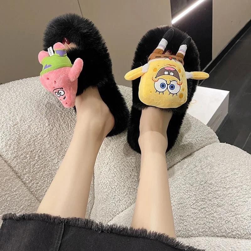 SpongeBob SquarePants Big Star Hairy Slippers for Women Wearing Autumn and Winter Cute Cartoon Plush Large 42 Cotton Slippers