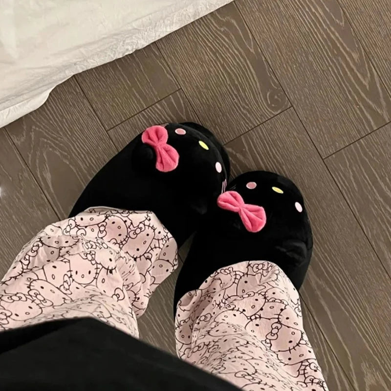 Sanrio Hello Kitty  Women Winter Warm Bag Heel Cotton Slippers Plush Indoor Anti-Skid Slippers Cartoon Shoes Christmas Gift