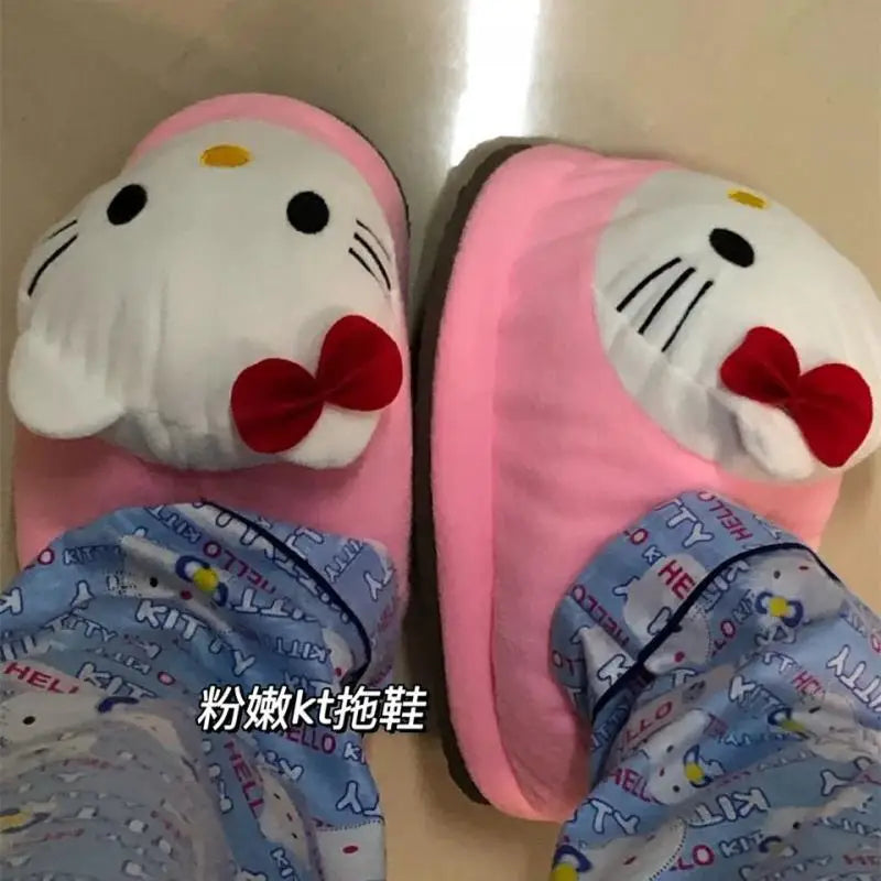 Sanrioed Y2K Hello Kitty Big Head Plush Slippers Winter Cartoon Cotton Shoes Plush Shoes Student Dormitory Bag Feet Cotton Shoes